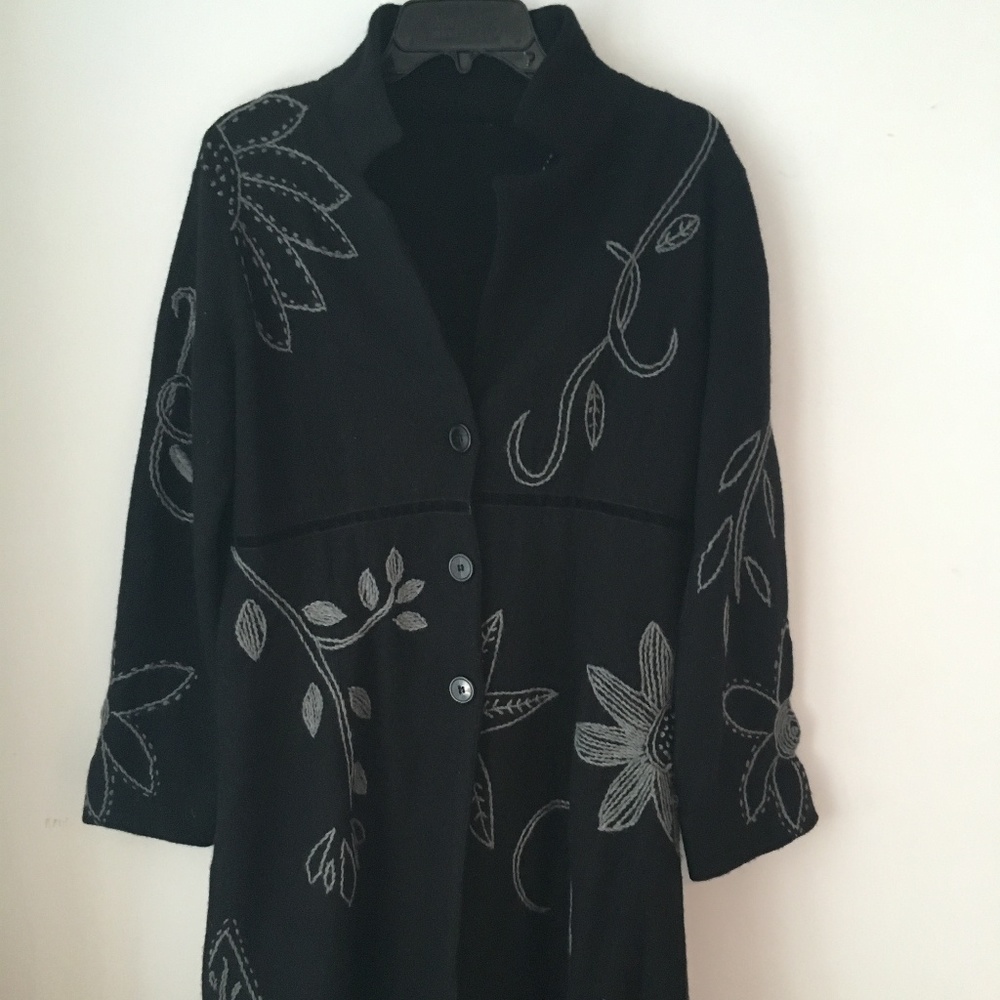 Black coat with grey embroidered detail